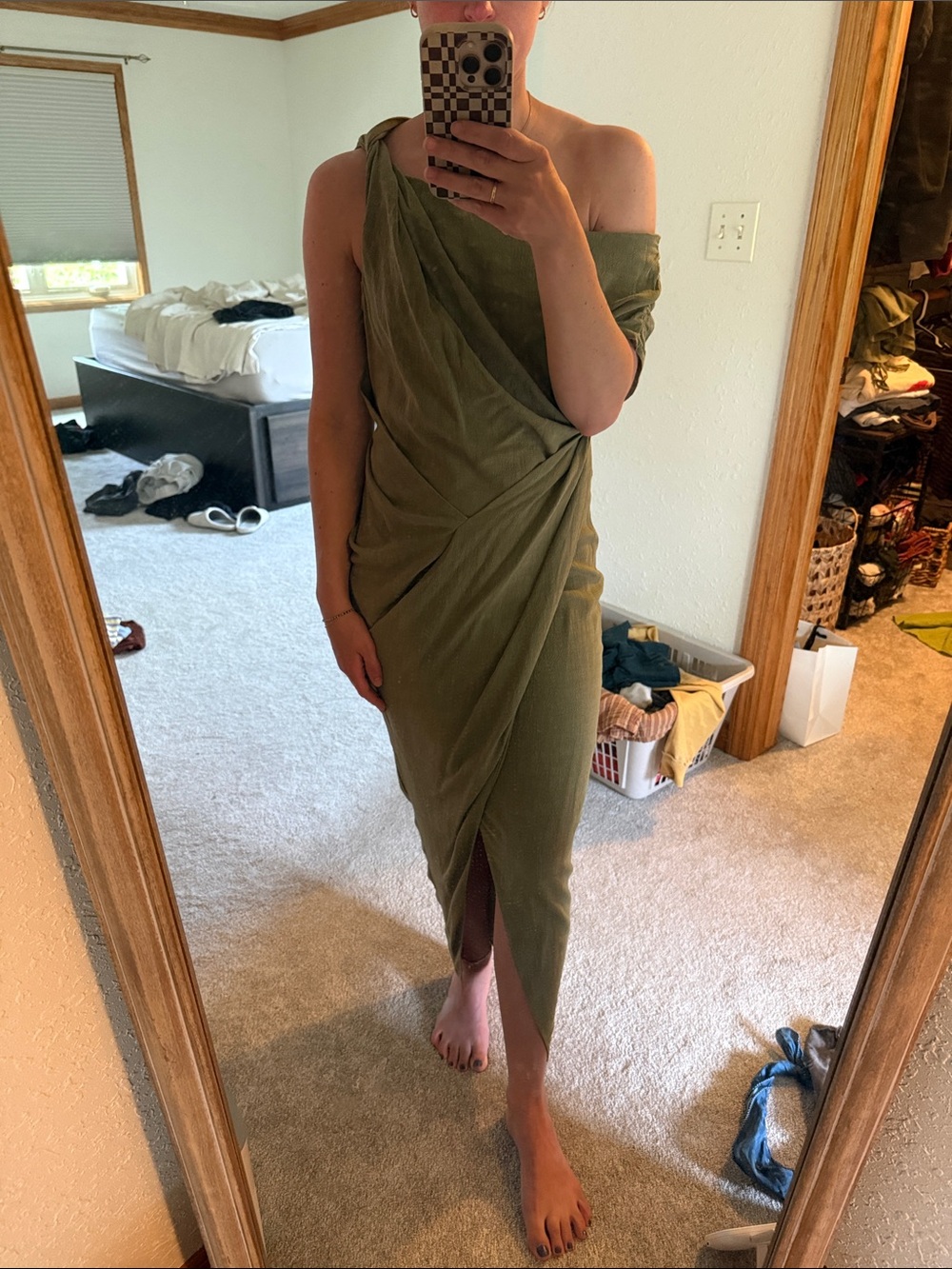 Olive One-Shoulder Draped Midi Dress - Picture 2 of 2